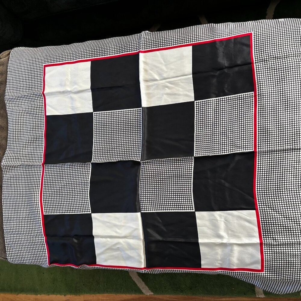 Bill Blass elegant geometric  black and white with red accents Scarf. 33" square